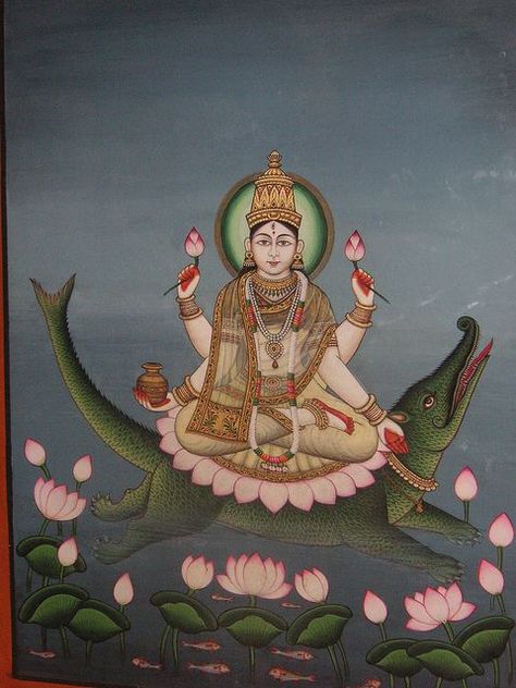 All sizes | The Goddess Ganga Riding her Crocodile | Flickr - Photo Sharing! Hindi Gods, Goddess Ganga, Hindu Goddesses, Pagan Gods, Art Sacre, Sea Monster, Vedic Art, Hindu Mythology, Lord Hanuman