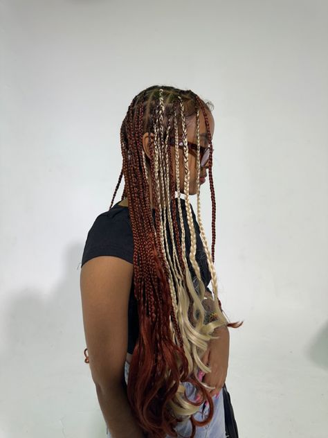 Black Red Blonde Braids, Red And Blonde Goddess Braids, Red And Blonde French Curl Braids, Ginger And Blonde Hair Black Women Braids, Ginger And Blonde French Curl Braids, Ombre Ginger Braids, Blonde And Red Box Braids, Ginger And Blonde Hair Braids, Ginger Braids With Black Roots