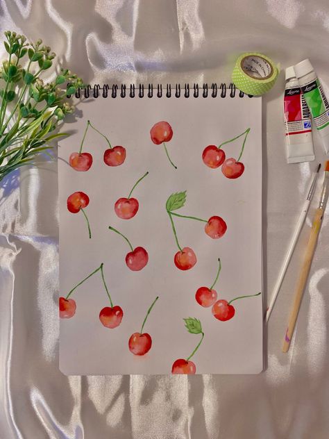 Guasha Painting, Cherry Watercolor Painting, Cherry Painting Aesthetic, Cherry Painting Acrylic, Cherry Drawing Aesthetic, Cherry Art Aesthetic, Watercolor Cherries, Skulls Animal, Cherry Watercolor