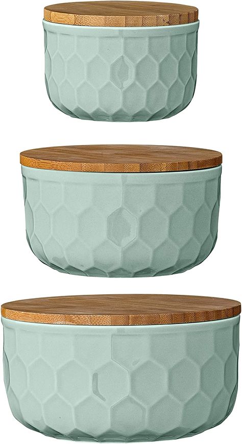 AmazonSmile: Bloomingville Set of 3 Round Mint Green Stoneware Bowls with Bamboo Lids,Small, Medium, and Large: Kitchen & Dining Ceramic Bowl Set, Ceramic Mixing Bowls, Stainless Steel Mixing Bowls, Honeycomb Design, Mixing Bowls Set, Creative Co Op, Kitchen Canisters, Green Ceramics, Mixing Bowls