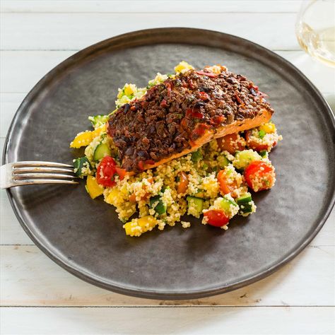 Olive-Baked Salmon with Mediterranean Couscous Salmon And Couscous Recipes, Best Couscous Recipe, Couscous And Salmon, Fish Couscous, Couscous With Salmon, Couscous Salmon, Salmon Couscous Bowl, Fish With Couscous, Couscous Salmon Salad