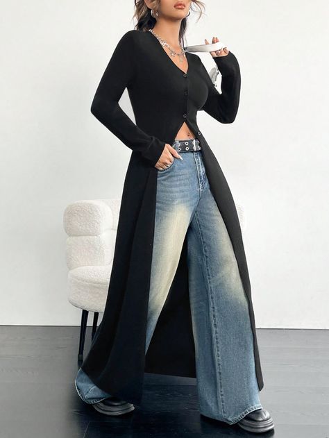 Trendy & Fashionable Extra Long Cardigan, For Windy Walks Black Casual  Long Sleeve Knitwear Plain  Slight Stretch  Women Clothing, size features are:Bust: ,Length: ,Sleeve Length: Manolo Outfit, Black Duster Cardigan Outfit, Fitted Cardigan Outfit, Long Black Cardigan Outfit, Lace Hooded Cape, Aesthetic Blender, Windy Day Outfit, Lucky Daye, Long Cardigan Outfit