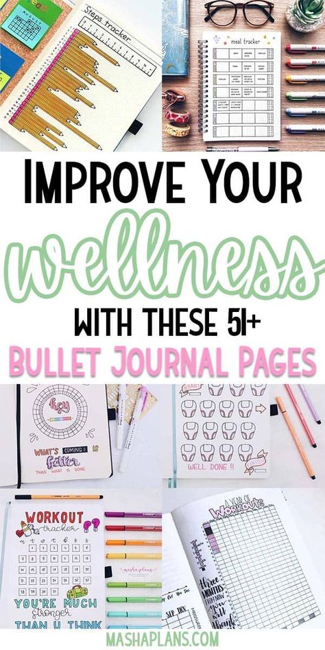 Bullet Journal pages to help you monitor your health and achieve your wellness goals. #mashaplans #bulletjournal #habittracker #freeprintables #health #wellness #pageideas Bujo Health And Fitness, Health And Fitness Tracker, Health Diary Journals, Health Journal Ideas Fitness Planner, Journal Tracking Ideas, Exercise Bullet Journal, Wellness Bullet Journal, Health Journal Ideas, Health Bullet Journal Ideas