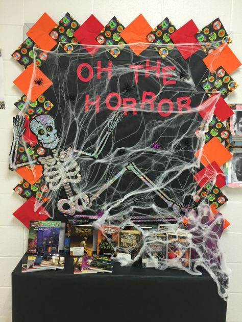 Book Genre:  Horror and Mystery.  Fall bulletin board/book display Horror Book Library Display, Library Decorations, Fall Bulletin Board, Fall Bulletin Boards, Book Genre, Library Book Displays, Book Displays, Library Display, Suspense Books