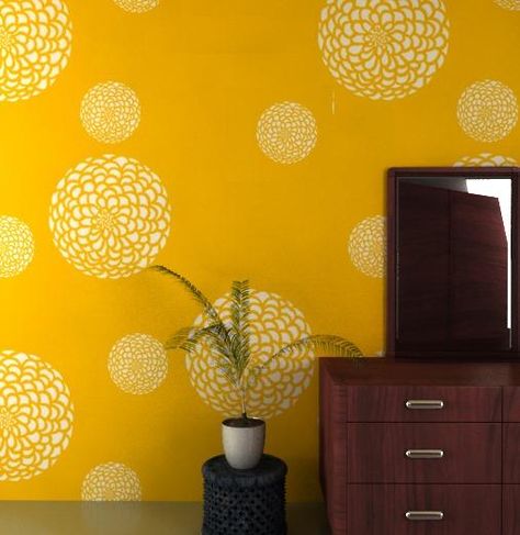 Flower Stencils Hall Colour, Stencil Painting On Walls, Yellow Bedroom, Flower Stencil, Yellow Walls, Plastic Sheets, Stencils Wall, Bedroom Wall Art, Unique Decor