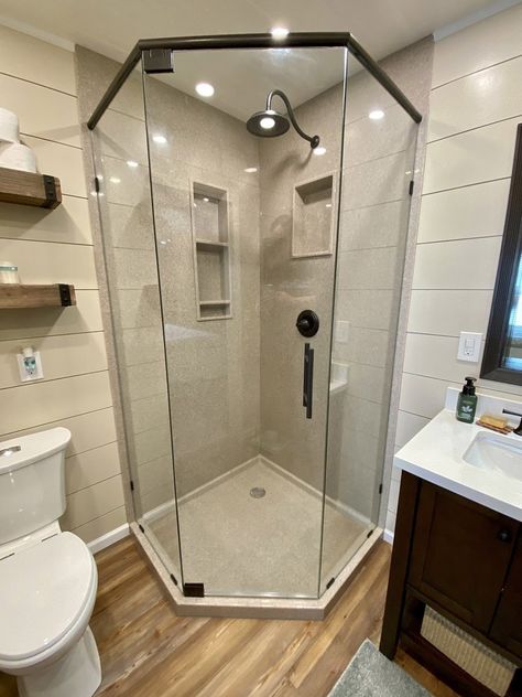 Corner Shower Insert Ideas, Small Bathroom Ideas Shower Only Corner, Corner Shower Update, Corner Shower Door Ideas, Neo Angle Shower Tile Ideas, Corner Shower Small Bathroom, Small Bathroom With Corner Shower Ideas, Small Bathroom Corner Shower Ideas, 7x7 Bathroom Layout