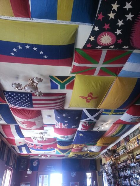 The ceiling! Flags On Ceiling, Wooden Countertops Kitchen, Wooden Countertops, Countertops Kitchen, The Ceiling, Man Cave, Country Flags, Countertops, Ceiling