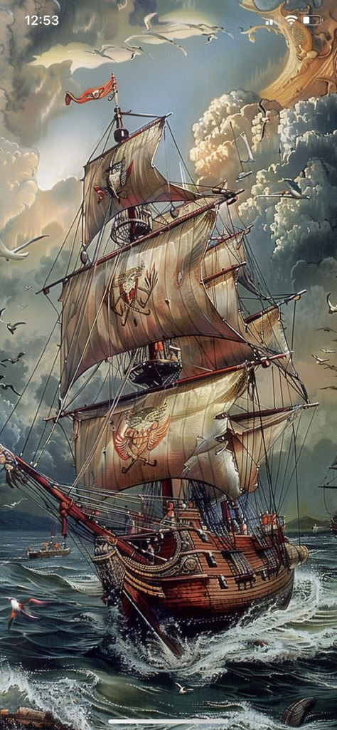 Pirate Ship Painting, Tall Ships Art, Ghost Ship Art, Pirate Ship Tattoos, Pirate Ship Art, Pirate Boats, Navi A Vela, Old Sailing Ships, Lighthouse Pictures