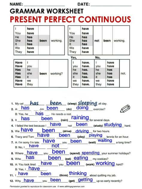 Present Perfect Continuous Worksheets, Present Perfect Continuous Tense, Present Perfect Continuous, Basic English Grammar Book, English Grammar Notes, Materi Bahasa Inggris, English Grammar Exercises, Present Continuous, English Grammar Book