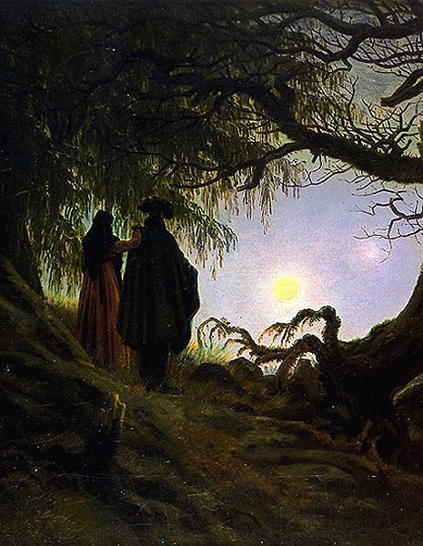 Caspar David Friedrich, "Man and Woman Contemplating the Moon", 1824 Caspar David Friedrich Paintings, Art Is Dead, Dark Academia Wallpaper, David Friedrich, Romantic Paintings, 19th Century Paintings, Caspar David Friedrich, Academia Wallpaper, Greek Mythology Art