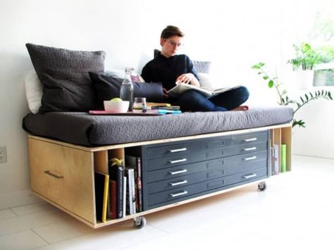 Flex & Function: Small Space Furniture DIYs | Apartment Therapy Double Duty Furniture, Flat Files, Multipurpose Furniture, Diy Furniture For Small Spaces, Diy Sofa, Plywood Furniture, Multifunctional Furniture, Space Saving Furniture, Design Case