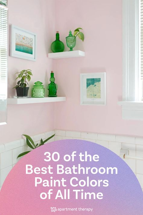 Best Pink Bathroom Paint Colors, Best Paint Color For Makeup Room, Pink Paint Bathroom Ideas, Pink And Green Powder Room, Fun Bathroom Wall Colors, Pink Bathroom Walls Paint, Bright Half Bath, Pastel Powder Room, Adding Color To White Bathroom