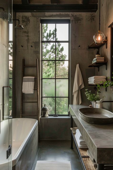 Warehouse Bathroom, Tub Shower Combo Remodel, Industrial Bath, Japanese Industrial, Open Loft, Loft Bathroom, Shiplap Fireplace, Bedroom Wall Collage, Glass Shower Enclosures