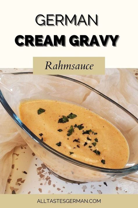 German rahm sauce aka cream sauce in a serving dish. Spatzle Sauce Recipe, Gravy For Spaetzle, Sauce For Pork Schnitzel, German Main Course, Pork Snitzel Sauce, Gravy For Schnitzel, Pork Schnitzel Gravy, Spatzle Sauce, Schnitzel Sauce Recipe