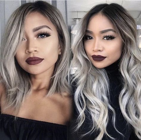 Okay...but still eh needs more highlights Grey Asian Hair, Asian Silver Hair, Silver Asian Hair, Dark Roots Grey Hair Balayage, Asian Silver Hair Balayage, Icy Blonde Balayage Asian Hair, Black Roots Balayage Ash Blonde, Brunette Silver Balayage Ash Blonde, Gray Hair Wigs