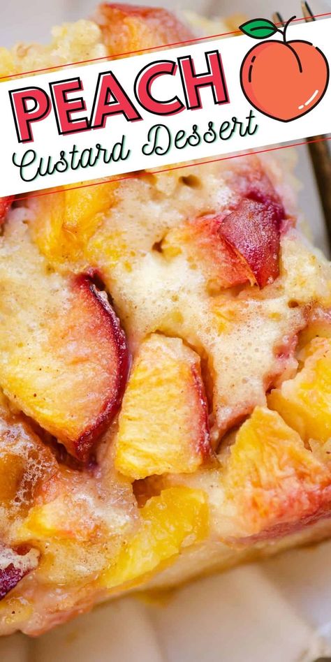 This amazingly easy and delicious Peach Custard Dessert is the perfect summer treat with simple sugar cookie crust made from a mix topped with fresh fruit and a velvet custard with a hint of cinnamon and vanilla. Peach Custard, Custard Dessert Recipes, Fresh Peach Recipes, Peach Dessert Recipes, Sugar Cookie Crust, Dump Cakes, Custard Desserts, Simple Sugar, Dessert Recipies