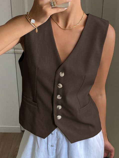 Women`S Solid Color Fitted V-Neck Sleeveless Blazer Brown Casual  Sleeveless Polyester Plain vest Non-Stretch Spring/Fall Women Clothing, size features are:Bust: ,Length: ,Sleeve Length: Sleeveless Blazer Vest, Plain Vest, Stand Collar Top, Sleeveless Blazer, Brown Vest, Lightweight Blazer, Womens Baseball Cap, Blazer Vest, Elastic Waist Pants