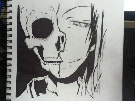 Half human-half skull on pen Half Skeleton Face Drawing, Half Skeleton Half Human Drawing, Half Skeleton Half Human, Half Skull Drawing, Half Face Half Skull, Half Skeleton Face, Half Face Drawing, Half Skeleton, Skull Cartoon