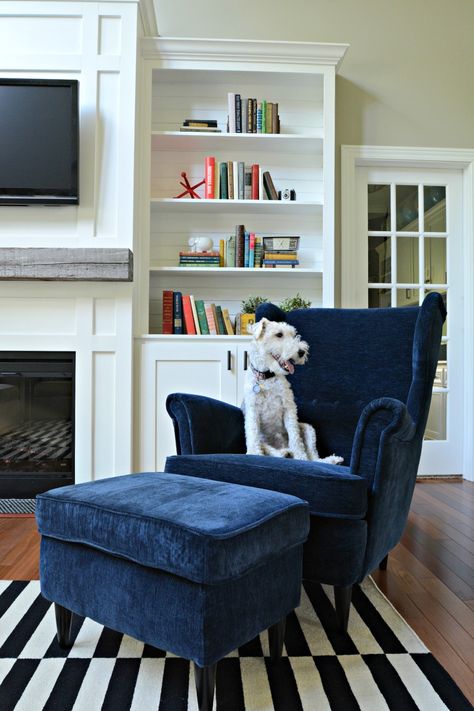 Living Room Updates {IKEA Stockholm Rug} Black, White, Navy. Barn Beam Mantel Built-ins. Books. Ikea Stockholm Rug, Strandmon Ikea, Stockholm Rug, Strandmon Chair, Ikea Stockholm, Ikea Couch, Ikea Living Room, Living Room Black, Ikea Chair