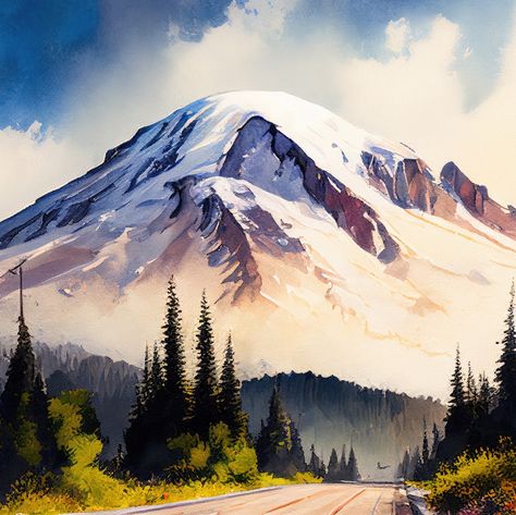 Mt Rainier Watercolor, Mt Rainier Painting, Mountain Drawings, Mountain Drawing, Beautiful Places To Live, Watercolour Flowers, Mt Rainier, Beach Watercolor, Watercolor Mountains