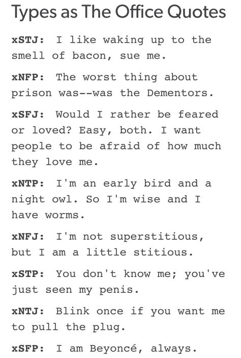 Mbti as the office quotes The Office Mbti, The Office Quotes, Infp Personality Type, Infp Personality, Myers Briggs Personality Types, Office Quotes, Myers Briggs Personalities, 16 Personalities, You Are My Everything