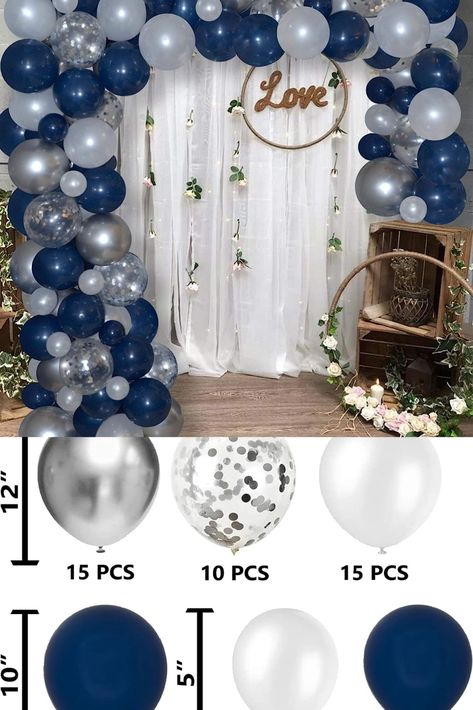 Navy Blue, silver and white stunning balloon arch, perfect backdrop for wedding photos #winterwedding #wedding2023 Navy Blue Wedding Backdrop, Wedding Decorations Navy Blue, Clear Chrome, 17th Birthday Ideas, Confetti Birthday Party, Balloon Arch Kit, Confetti Birthday, 17th Birthday, Birthday Party Decor