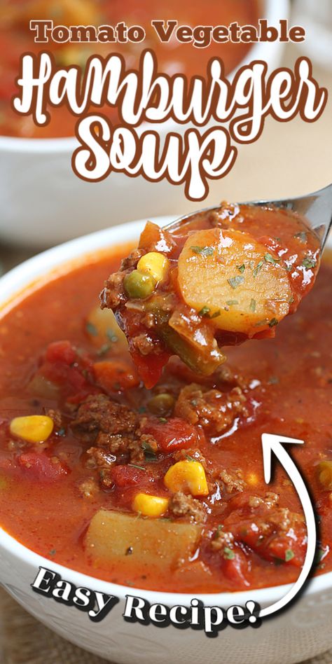 Vegetable Hamburger Soup, Best Hamburger Soup Recipe, Easy Hamburger Soup, Hamburger Vegetable Soup, Hamburger Stew, Hearty Soup Recipes, Quick Soup, Beef Dinners, Canned Tomato Soup