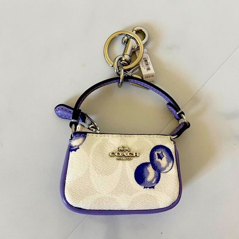 Coach Mini Nolita Bag Charm In Signature Canvas With Blueberry Print#CR498 Coach Blueberry Bag, Blueberry Print, Mini Hand Bag, Casual Purse, Coach Clutch, Suede Purse, Cute Love Wallpapers, Barrel Bag, Girly Bags