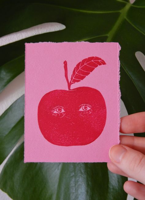 Pink Lady - apple mini print Pink Lady Apples, Lino Art, Stamp Carving, Mini Apple, Pink Lady, Pink Paper, Lino Print, Linocut Prints, Art Education