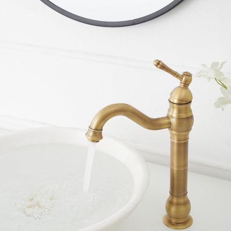 VIBRANTBATH Vessel Sink Bathroom Faucet with Drain Assembly | Wayfair Gold Sink Faucet, Stylish Bathroom Ideas, Antique Brass Bathroom Faucet, Powder Room Sink, Brass Bathroom Faucets, Vessel Faucets, Vessel Sink Faucet, Single Handle Bathroom Faucet, Water Waste