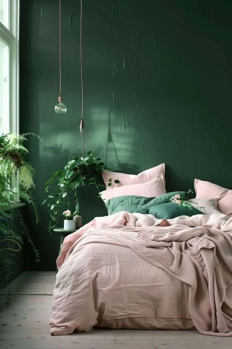 Pink And Teal Bedroom, Pink Green Bedrooms, Pink Nightstands, Moody Bedroom Ideas, Pink Bedroom Walls, Home Bedroom Design, Pink Bedroom Design, Pink Bedroom Ideas, Teal Bedroom