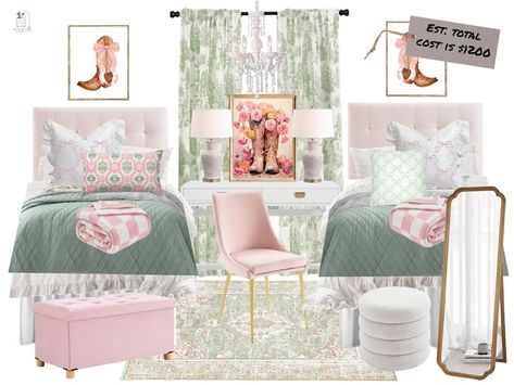 StockThisDesignThat - Etsy Love Shack Fancy Dorm, Pink And Green Apartment, Pink And Green Dorm Room, Zimmer Design, Transitional Bedroom Design, Dorm Room Checklist, Room Checklist, Green Apartment, Dorm Room Designs