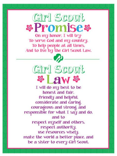 Swaps Girl Scouts, Girl Scout Brownies Meetings, Girl Scout Daisy Petals, Girl Scout Songs, Girl Scout Daisy Activities, Girl Scout Meeting Ideas, Girl Scout Promise, Scout Law, Girl Scout Mom