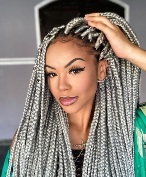 Grey And Purple Box Braids, Grey Braids Hairstyles, Silver Box Braids, Gray Box Braids, Silver Hair Braids, Silver Braids, Grey Braids, Grey Box Braids, Purple Box Braids