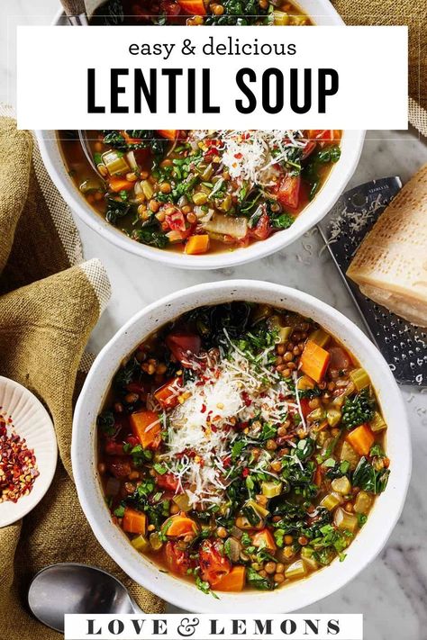 Meet the BEST lentil soup recipe! Made with dried lentils, fresh vegetables, flavorful spices, and hearty greens, it's simple, nourishing, and delicious. Lentil Crockpot Soup, Easy Lentil Soup Recipe, Lentil Soup Crockpot, Crockpot Lentil Soup, Lentil Spinach Soup, Beef Lentil Soup, Veggie Lentil Soup, Vegetable Lentil Soup, Warming Foods