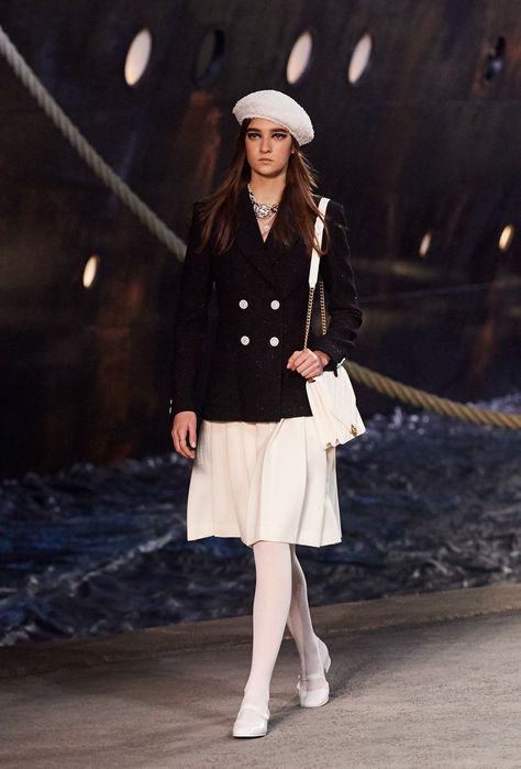 Newsboy cap, short trench, long dress, tights, kitty heels Chanel Style Jacket, Moda Chanel, Summer 19, Chanel Cruise, Cruise Collection, Chanel Official, Chanel Official Website, Fashion Figures, Chanel Fashion