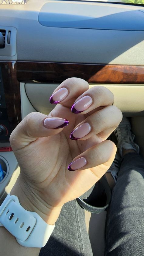 Purple Tips Almond Nails, Purple Chrome French Tip Nails Almond, Pink Sparkly French Tip Nails Almond, Almond Nails Chrome French Tip, Nails For Concerts, Almond Purple French Tip Nails, Sparkly Purple French Tip Nails, Purple Almond French Tip Nails, Purple French Tip Nails Square