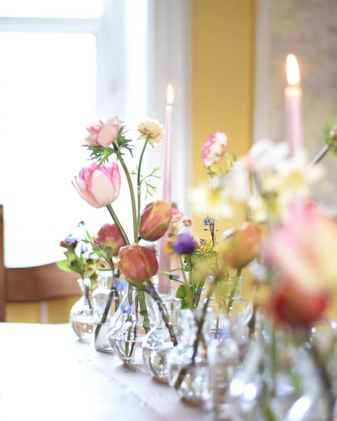 Always my favourite, bud vases and candlelight..... . Mixture of glass bud vases, different size, shapes and textures. Mixture of spring flowers from the growing patch. Candlelight with coloured taper dinner candles. A few tealights. Last night...a bottle or two of Prosecco, good food and friends. . . . . British flower florist | table flower inspiration | bud vase wedding | wedding inspiration Florist Table, Bud Vases Wedding, Vases Wedding, Glass Bud Vases, Beautiful Outdoor Wedding, Dinner Candles, Table Flower, British Flowers, Flower Inspiration