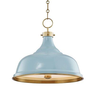 Simple, easy, and approachable, Painted No.1 is available in three beautiful colors These classic colors have a timeless appeal, each giving the piece’s curved shade a different feel. Aged Brass complements give the piece a casual elegance. Shade Color: Blue Bird Birch Lane™ Clare 3 - Light Unique Dome Pendant - Pendant Lights in Yellow | Size 16.0 H x 18.0 W x 18.0 D in Blue Light Fixture, Southern Cottage, Mark D Sikes, Troy Lighting, 3 Light Pendant, Hudson Valley Lighting, Hanging Pendants, Aged Brass, Light Painting