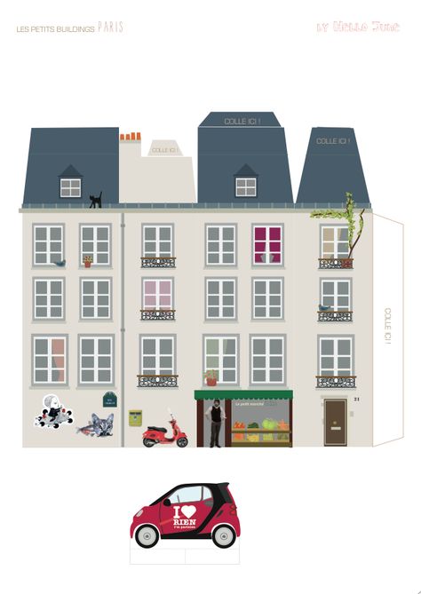 Hello June: DIY Kids : Mon petit building PARIS Paper Buildings Free Printable, Paper House Template, Pola Kotak, Mini Building, Hello June, World Thinking Day, House Template, Cardboard Toys, Illustration Kids