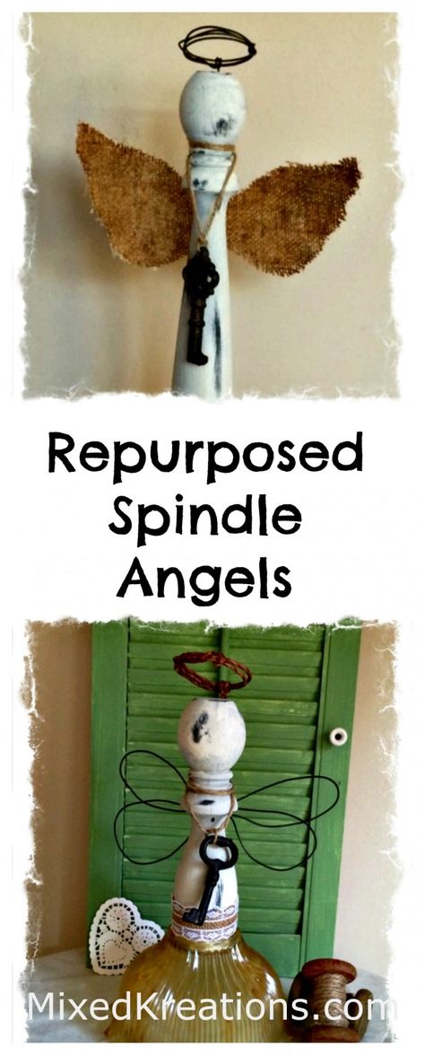 How to make two different spindle angels #RepurposedSpindles #SpindleAngel #upcycled #homedecor MixedKreations.com Upcycled Wood Spindles, Spindles Repurposed Christmas, Christmas Crafts Using Wooden Spindles, Diy Spindle Projects, Spindle Crafts Diy, Upcycled Spindles, Spindle Angels, Repurposed Spindles, Spindles Repurposed