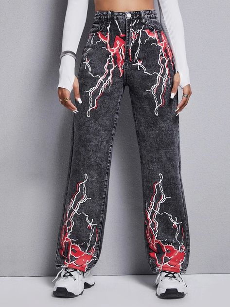 High Waist Lightning Print Straight Jeans | SHEIN USA Lightning Jeans, Senior Overalls, Light Jeans, Jeans Diy, Printed Jeans, Themed Outfits, Embroidered Jeans, Boys Jeans, Shein Style