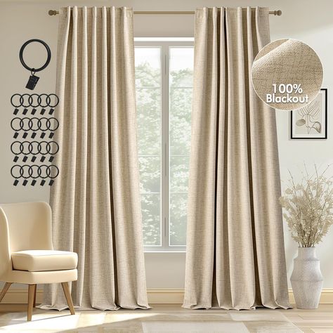 PRICES MAY VARY. PACKAGE INCLUDES:Sold as 2 panels, each measuring 52 inches wide and 120 inches long. Can be hung separately, or hung together with sheer curtains in MIULEE. HANGING OPTIONS:Each curtain panel has 2-in-1 top style design: rod pocket and back tab.3-inch inner diameter fits most standard rods. Curtains also can be hung with clip rings. 3 ways to meet your various needs. 100% BLACKOUT CURTAINS:MIULEE Linen Blackout Curtains ensure a completely dark room, isolate noise and protect p Curtains That Go With Greige Walls, Transitional Curtains Living Room, Rust Curtains Living Rooms, Bedroom Drapes Master, Beige Living Room Curtains, Black Out Window Treatments, Living Room Drapes Ideas, Modern Traditional Living Room Decor, Black Out Curtains Bedroom Ideas