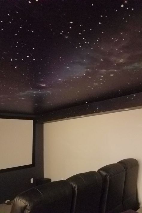 Outer space wallpaper murals are perfect for home theater rooms and family rooms. The darkness of space enhances the movie-watching experience, while the complexity of space creates an eye-catching ceiling design with the lights on. Follow the link for more ideas on how to decorate your ceiling with space wallpaper murals. Galaxy Theme Wallpaper, Room Ideas Wallpaper, Theater Wallpaper, Outer Space Wallpaper, Home Theater Room Design, Theater Room Design, Ceiling Wallpaper, Home Cinema Room, Outer Space Theme