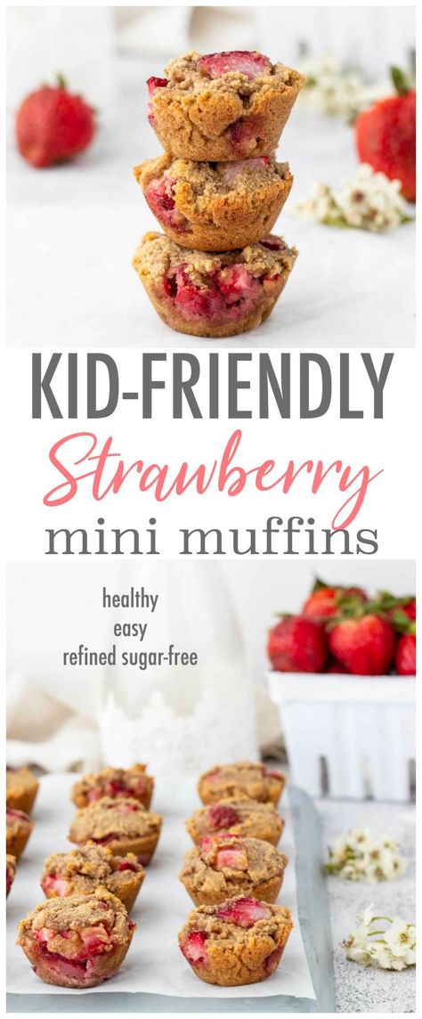 Paleo Strawberry Muffins, Mini Muffins Healthy, Strawberry Oatmeal Muffins, Healthy Grab And Go, Strawberry Muffins Healthy, Strawberry Banana Muffins, Mini Muffin Recipe, Mini Banana Muffins, Toddler Muffins