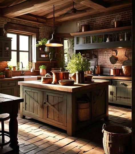 Rustic farmhouse kitchen with wooden beams and vintage decor. Colonial Farmhouse Interior, Colonial Farmhouse Interior Design, Old Farmhouse Interior, Old Farmhouse Kitchen, Mid Century Farmhouse, Colonial Farmhouse, Farmhouse Interior Design, Colonial Design, Rustic Farmhouse Kitchen