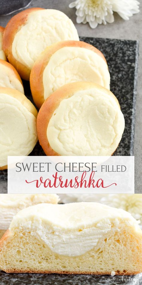 Sweet Cheese Filled Buns (Vatrushka Recipe) are freezer-friendly, soft and fluffy sweet buns filled with delicious smooth farmer’s cheese filling. | olgainthekitchen.com #olgainthekitchen #vatrushka #sweetbuns #cheeserecipe #ukrainian #cheesefilling #holiday #comfortfood #sweetrolls #bread Vatrushka Recipe, Filled Buns, European Cakes, Easy Party Desserts, Sweet Cheese, Hot Chocolate Fudge, Cheese Buns, Party Food Dessert, Farmers Cheese