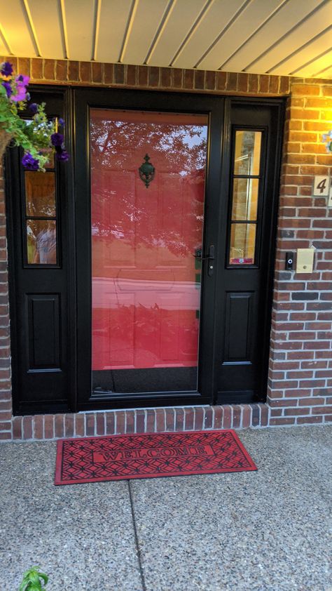 Red Door Black Trim, Black Screen Door, Front Door With Screen, Red Front Door, Storm Door, Red Door, Entry Door, Screen Door, Front Doors