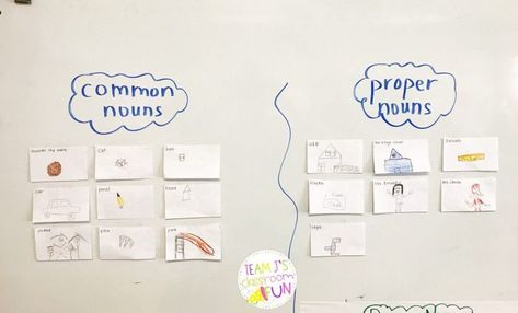 Teaching common and proper nouns is fun and easy with this activity.  Students practice classifying nouns by sorting them into two categories - proper nouns or common nouns.  Also includes a nouns around the room activity which gets students up and moving while they practice the skill. {First Grade, Grade 1, 1st Grade, Nouns, Task Cards, Sorting Activity} Common Vs Proper Nouns, Common Nouns And Proper Nouns, Common Noun, Teaching Nouns, Common And Proper Nouns, Common Nouns, Proper Nouns, 3rd Grade Classroom, Teaching Grammar