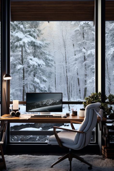 Christmas home office design, snow outside and forest views Men Workspace, Office Room Minimalist, Office Inspiration Modern, Workspace Minimalist, Office Ideas Modern, Design Office Ideas, Chic Desk Decor, Minimalist Office Design, Modern Minimalist Office